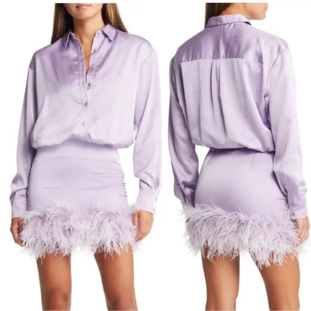 Nwot House Of Cb Tyra Orchid Satin Feather Shirt Dress Size Xs